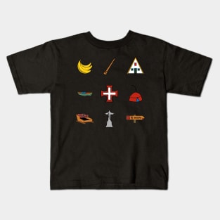 Madeira Island icons: Bananas, Poncha, Santana House, Fishing Boat, Cross, Folklore Hat, Toboggan Ride, Christ the Redeemer and Recommended Walking Route sign (PR) in colour Kids T-Shirt